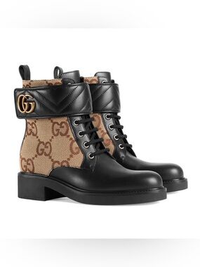 Gucci GG Canvas & Black Leather Ankle Boots with Gold GG Logo.GUCCI Luxury Boots